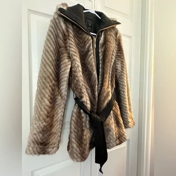 Guess Faux Fur Belted Jacket - Brown and Black - Picture 2 of 8